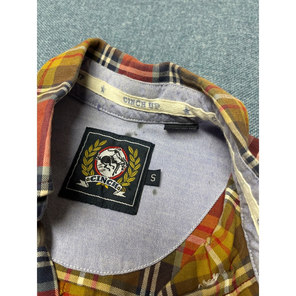 Cinch Mens Small Red Orange Plaid Long Sleeve Button Down Western Shirt - Picture 2 of 6